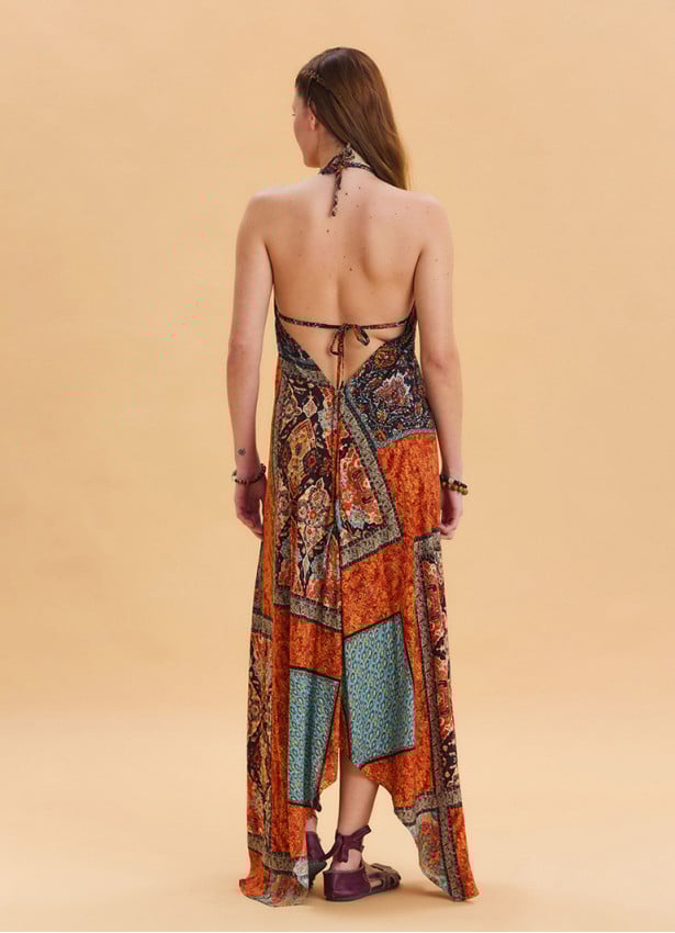 V Neck Backless Halter Neck Coffee Ethnic Dress 4654